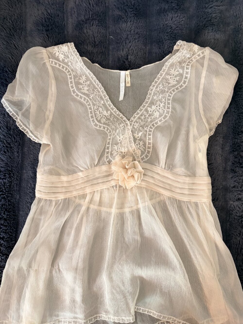 Sheer Ivory Embroidered Lace Boho Blouse Fairycore Cottagecore Top Size Small - Picture 4 of 14